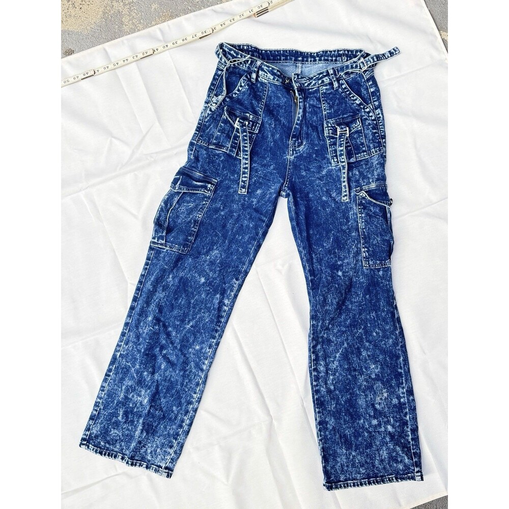 Vintage Acid Wash Cargo Jeans Womens L Waist 27 Blue Denim Utility Pants